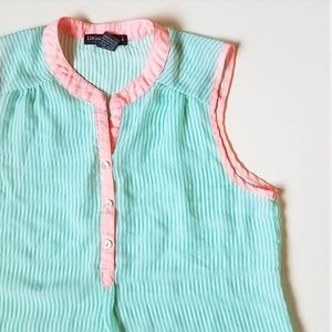 Teal & Pink Striped Sheer Sleeveless Blouse